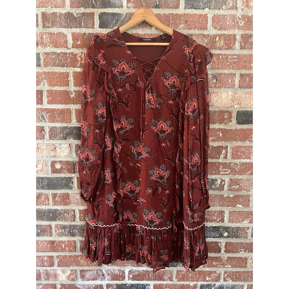 Scotch & Soda Paisley Floral‎ Print Drop Hem Ruffle Dress Red Rust  Size M